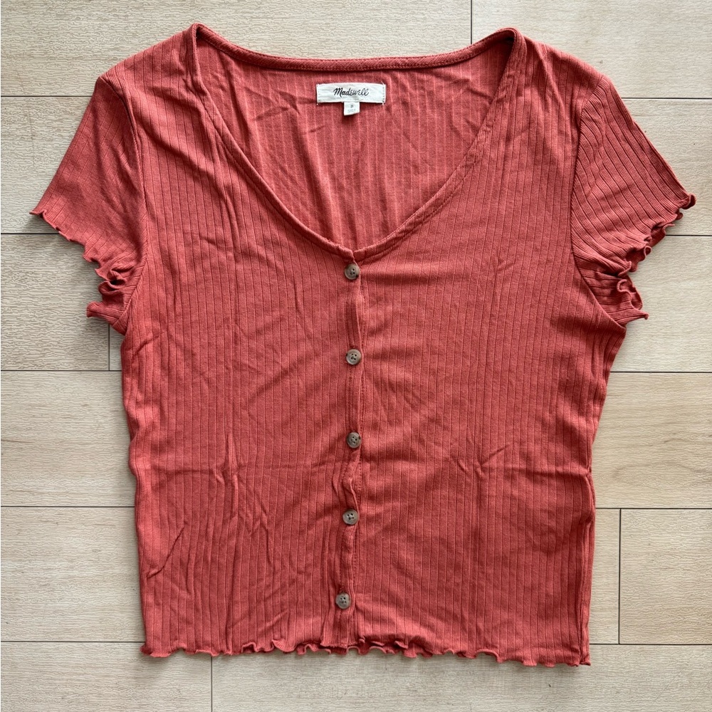 Madewell v-neck ribbed button henley ruffled short-sleeve t-shirt